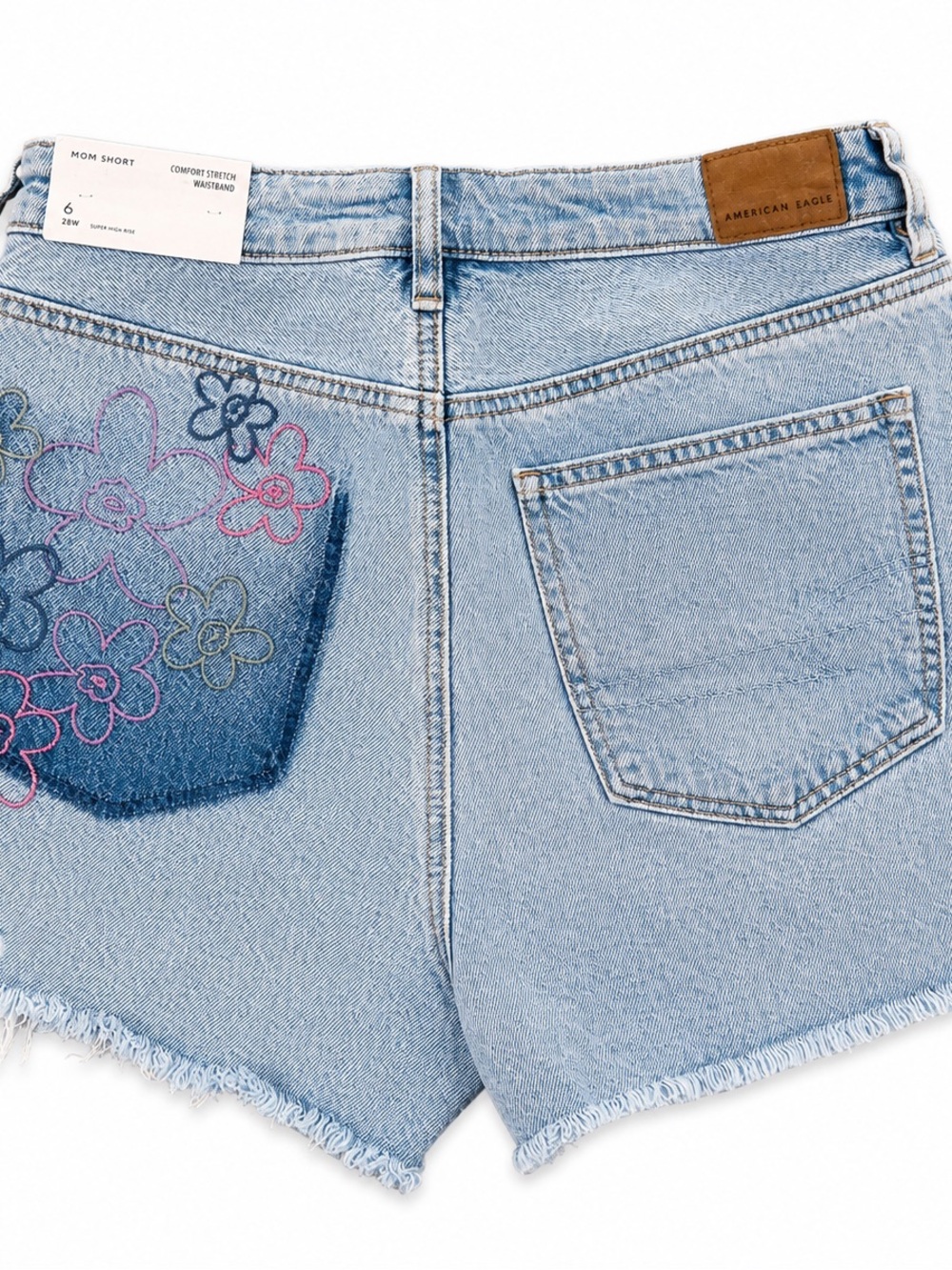 American Eagle Outfitters Light Blue Denim Mom Shorts with Floral Embroidery